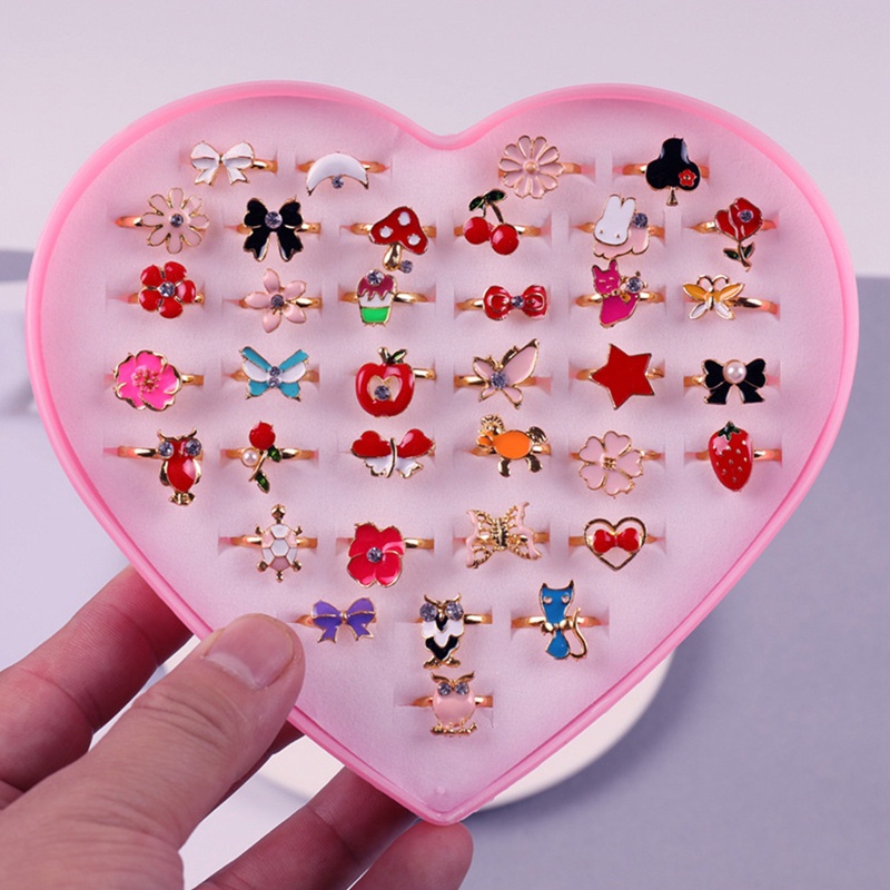 36pcs/box Cincin Anak Kartun Lucu Korea Hewan Bunga Adjustable Anak Perempuan Jari Rings Anak Kawaii Manis Hadiah