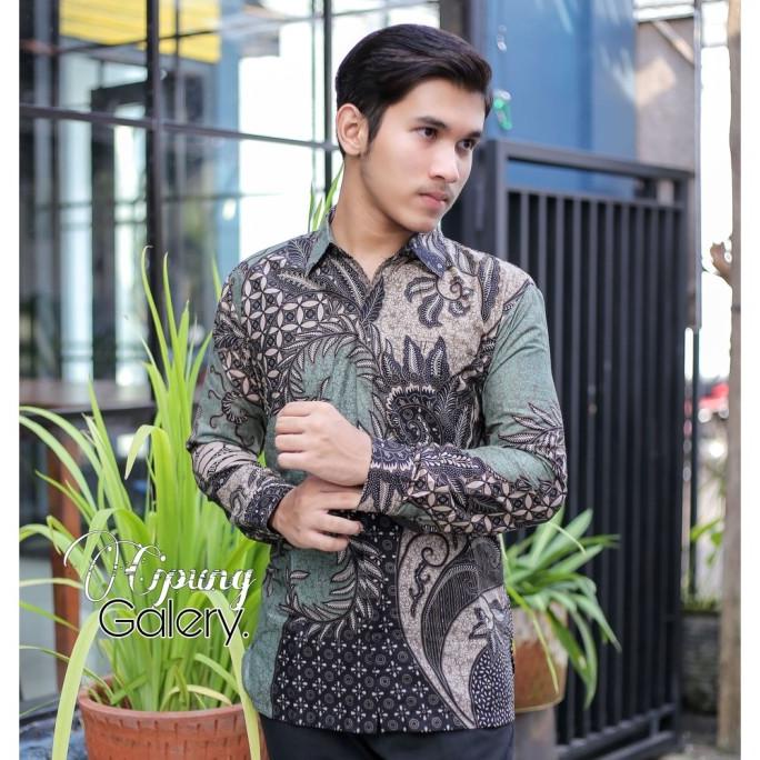 Batik Pria hijau wardah Panjang terlaris Pekalongan hijau sage