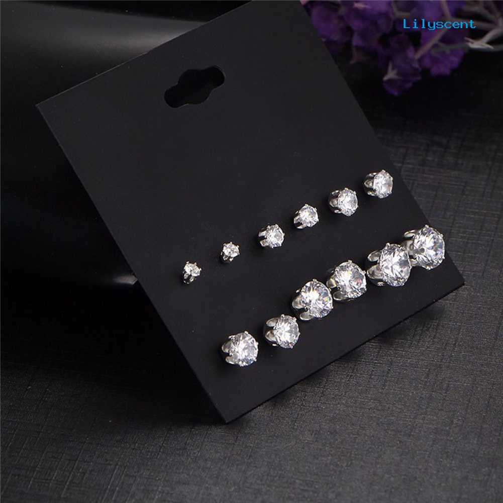 [LS] 6pasang Perhiasan Wanita Bulat Cubic Zirconia CZ Crown Ear Stud Earrings Hadiah Xmas