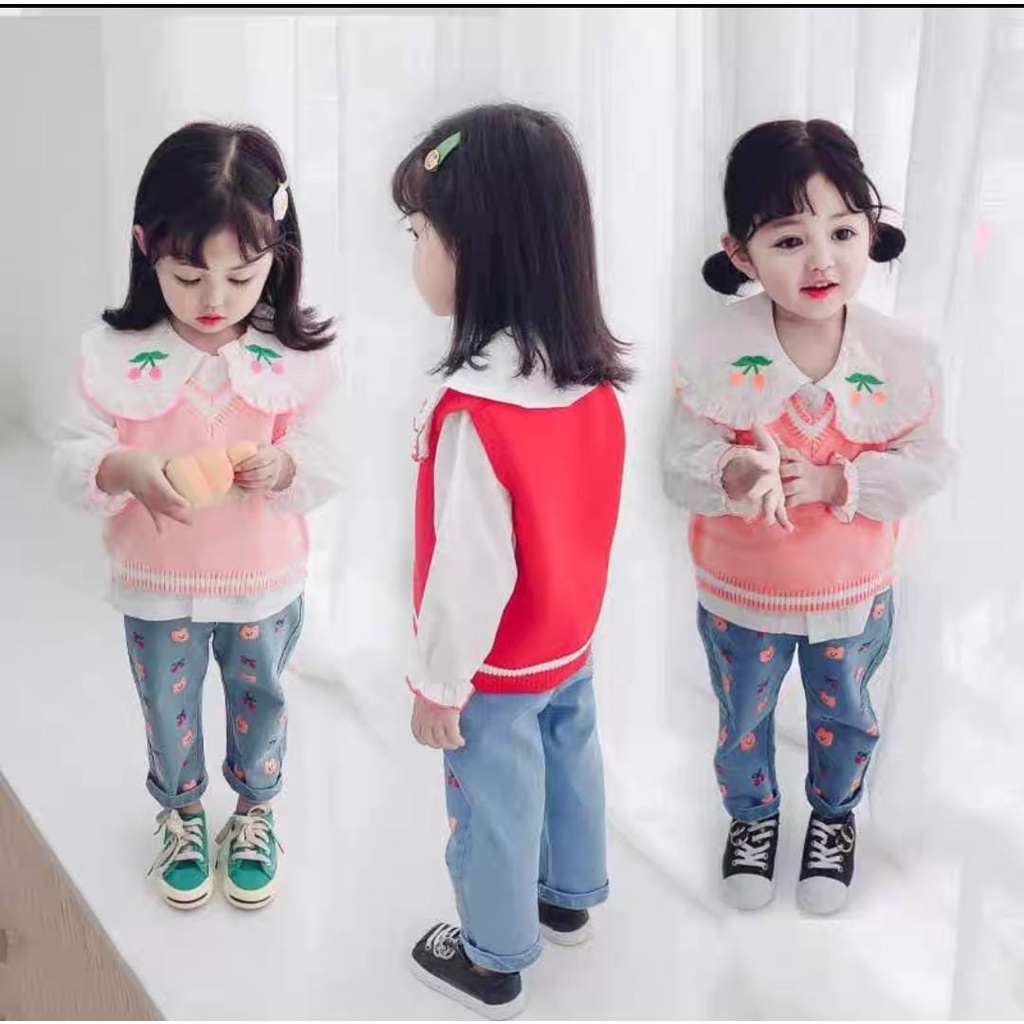 B427- Setelan Baju Import Rajut Anak Perempuan / Setelan Jeans Anak Cewek / Setelan Baju Katun Motif