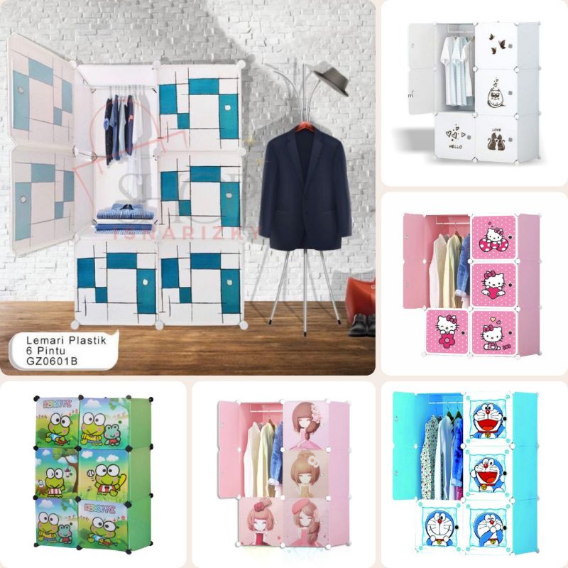 Lemari Pakaian Plastik Lemari Portable 6 Pintu Anak Rak Baju 6 Pintu Gantungan