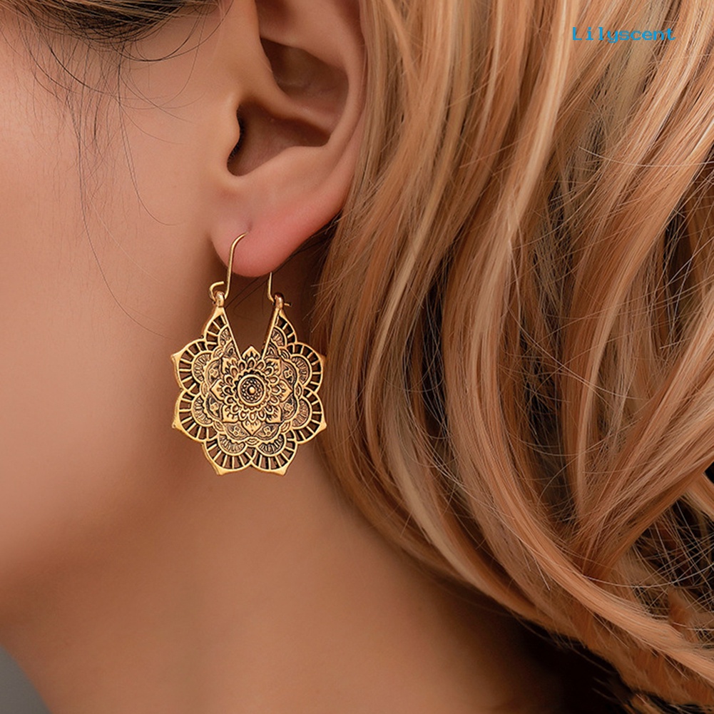 [LS] Vintage Wanita Berongga Keluar Ukir Bunga Menjuntai Leverback Earrings Perhiasan Hadiah