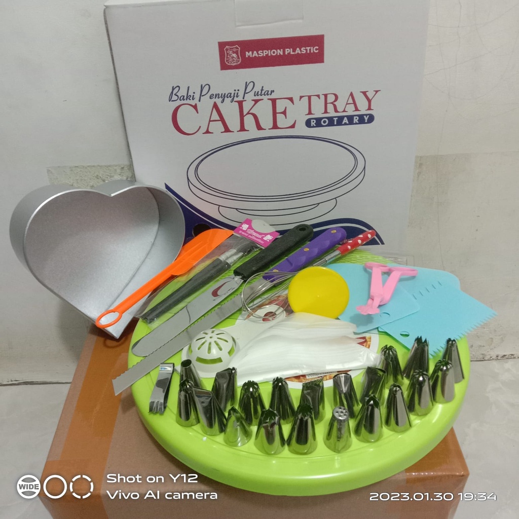 New Paket dekorasi kue / Meja putar set / Set Dekor Cake Tray  / Set Dekorasi Kue Ulangtahun Pernikahan Spatula Dan bonus Loyang Bulat, Kotak. Love Termurah