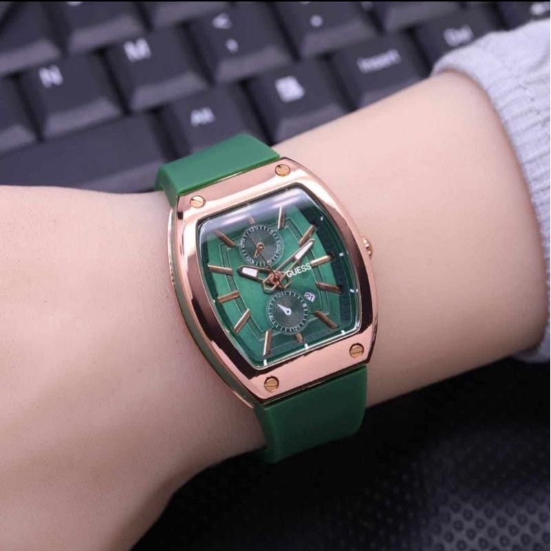 (Grosir)Jam Tangan Wanita Fashion Gues oval Crono Variasi Tanggal aktif Strap Rubber/Karet(Dikirim Jakarta Cod)