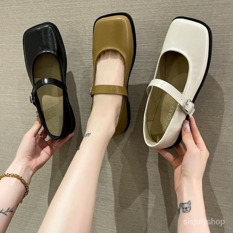 #Sisjuly# Sepatu kulit wanita baru French square toe flat bottom milk shoes wanita sepatu tunggal