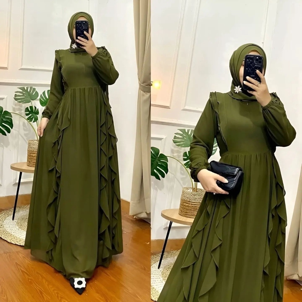 Ayena Dress Gamis Wanita Ceruty Babydoll Full Puring Anti Kusut Aksen Ruffle Busui Frenly Banyak Warna / Gamis Ibu Menyusui Terbaru  Edisi Lebaran