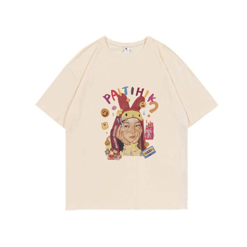 Cartoon Figure Kaos Lengan Pendek Cream Atasan Wanita Oversize Printed T-shirt Kekinian Korean Style/baju kaos oversize wanita