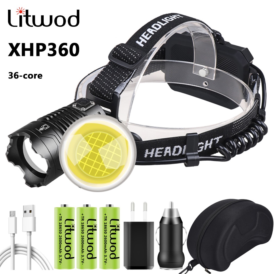 PREORDER 36-core XHP360 Led Headlamp Super Bright Zoomable Powerbank Headlight USB Rechargeable 18650 Battery Head Flashlight Lamp