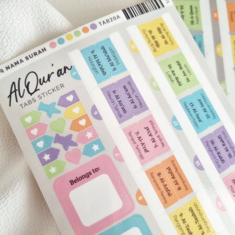 

[Sticker Party] Stiker Pembatas Al Quran 114 Nama Surat dan Artinya Warna Pelangi Pastel Ukuran Kecil Tab Index File Map Penanda Buku Jurnal Al Qur'an Kode TAB20 TAB20A