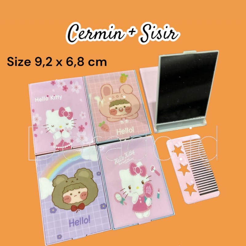 Cermin Plus Sisir Mini Travel Size Portable 9,2 cm x 6,8 cm / Kaca Mini