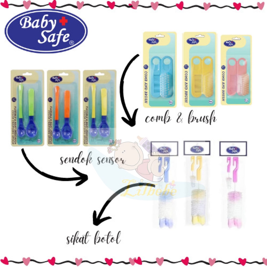 Baby Safe Babysafe BD195 Comb &amp; and Brush 2in1 Sisir Bayi Newborn / BS350 Flexible &amp; Heat Indikator Color Changing Spoon Sendok Penghantar Panas Bisa Berubah Warna /  BD037-1 Bottle &amp; Nipple Brush Nylon - Sikat Botol Susu Nilon