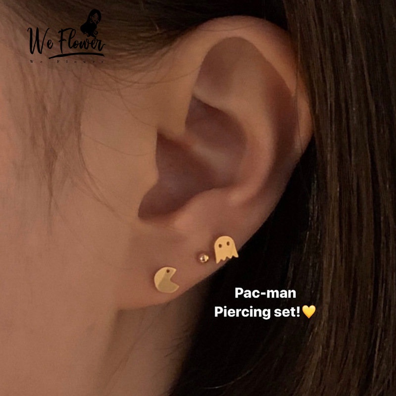 We Flower 3 Pcs Cute Little Ghost Pac-Man Stud Earrings Untuk Wanita Gadis Halus Emas Kecil Anting-Anting Set Fashion Telinga Perhiasan Hadiah