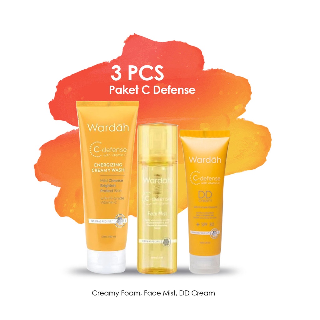 Paket Wardah C-Defense 3 pcs untuk Skin Preparation Makeup (Face Mist 55 ml, Energizing Creamy Wash 