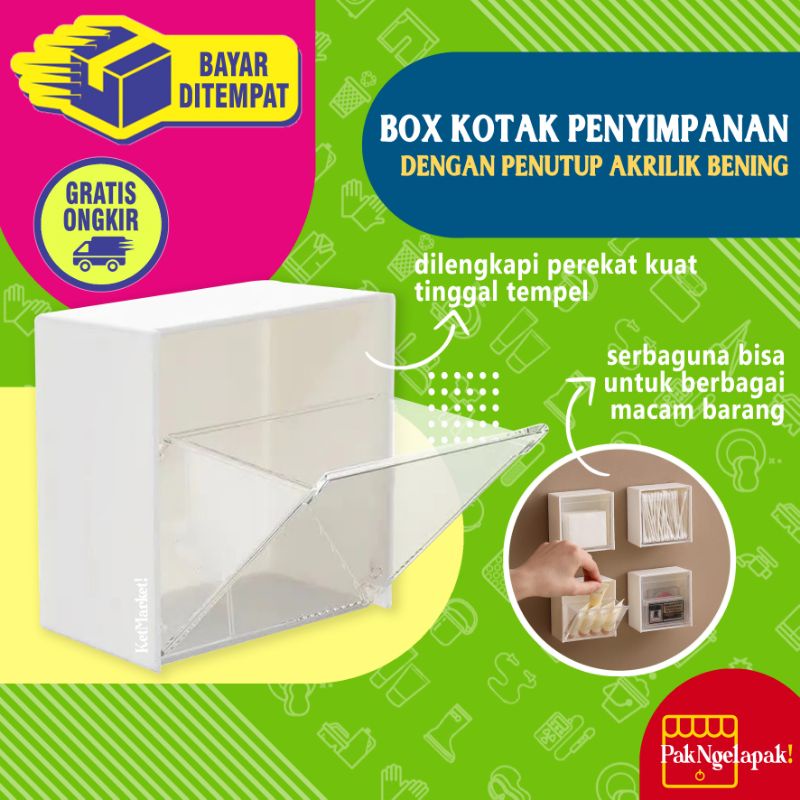 WALL MOUNTED STORAGE BOX - Kotak Penyimpanan Penutup Akrilik Bening Tempat Cotton Buds Tempel Dindin