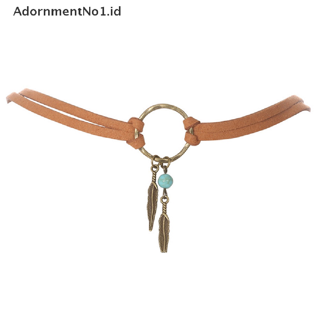 [AdornmentNo1] Wanita Bohemian Choker Boho Bulu Manik Liontin Kulit Coklat Rantai Kalung Fashion Lady Perhiasan Hadiah Pesta [ID]