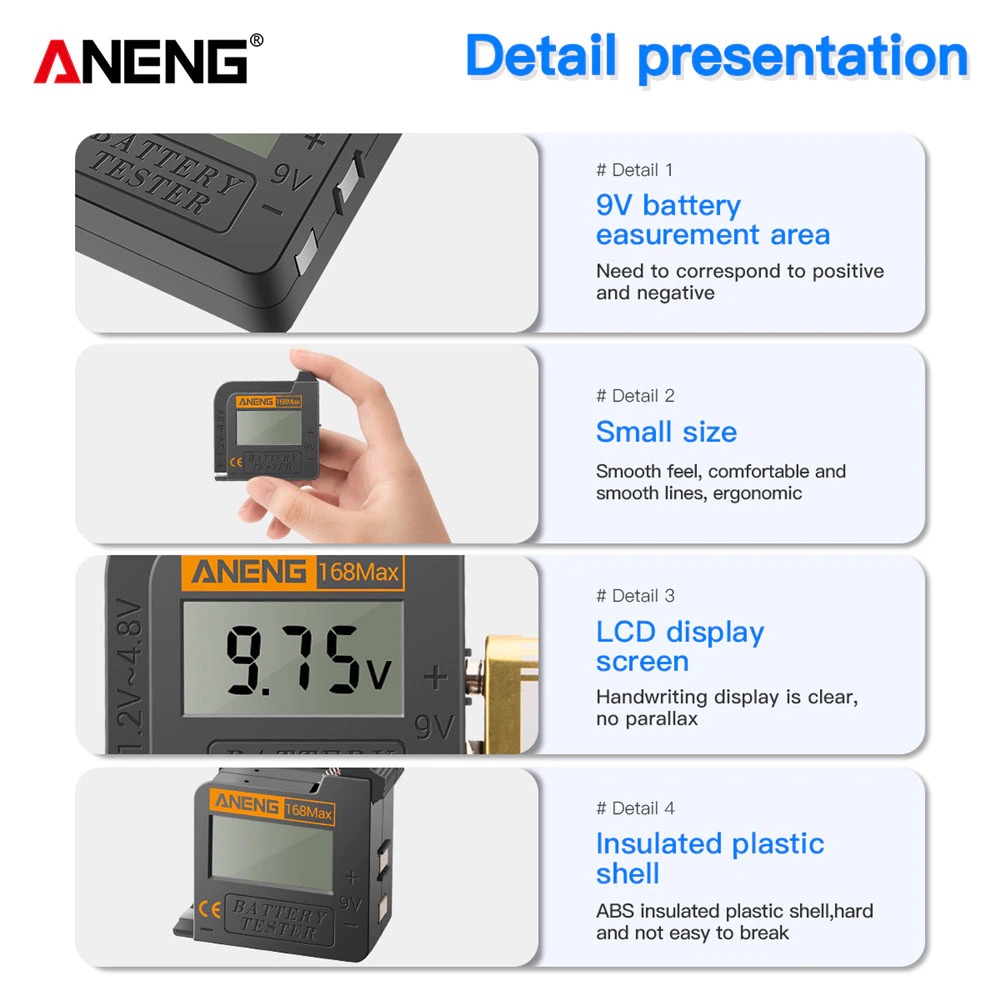 ANENG Tester Baterai Capacity Checker 18650 AA AAA Display Digital - 168 Max - Black