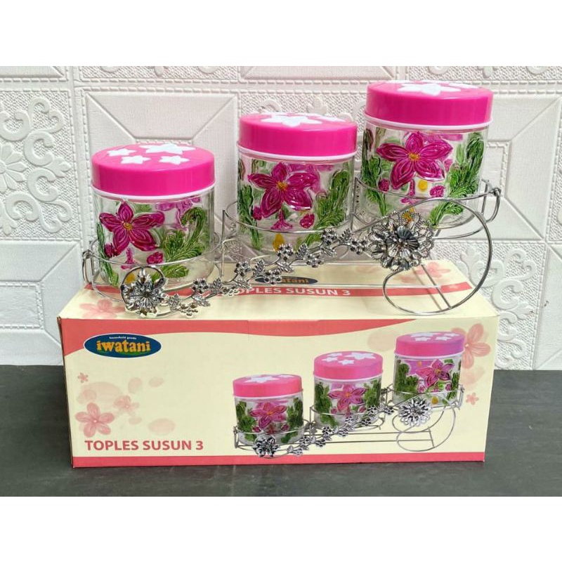 toples kaca set 3, toples bunga, toples kue kering, toples lebaran