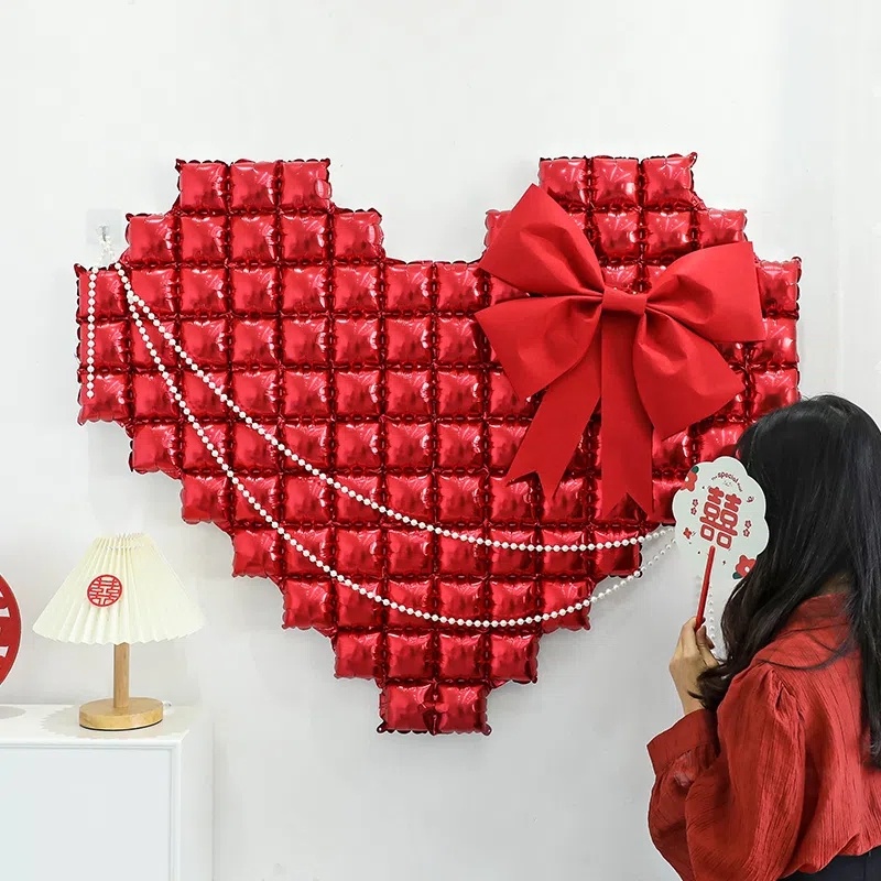 Balon Berbentuk Hati Warna-Warni/Balon Aluminium Foil Cinta Kotak-Kotak/Perlengkapan Dekorasi Dinding Latar Belakang Hari Valentine