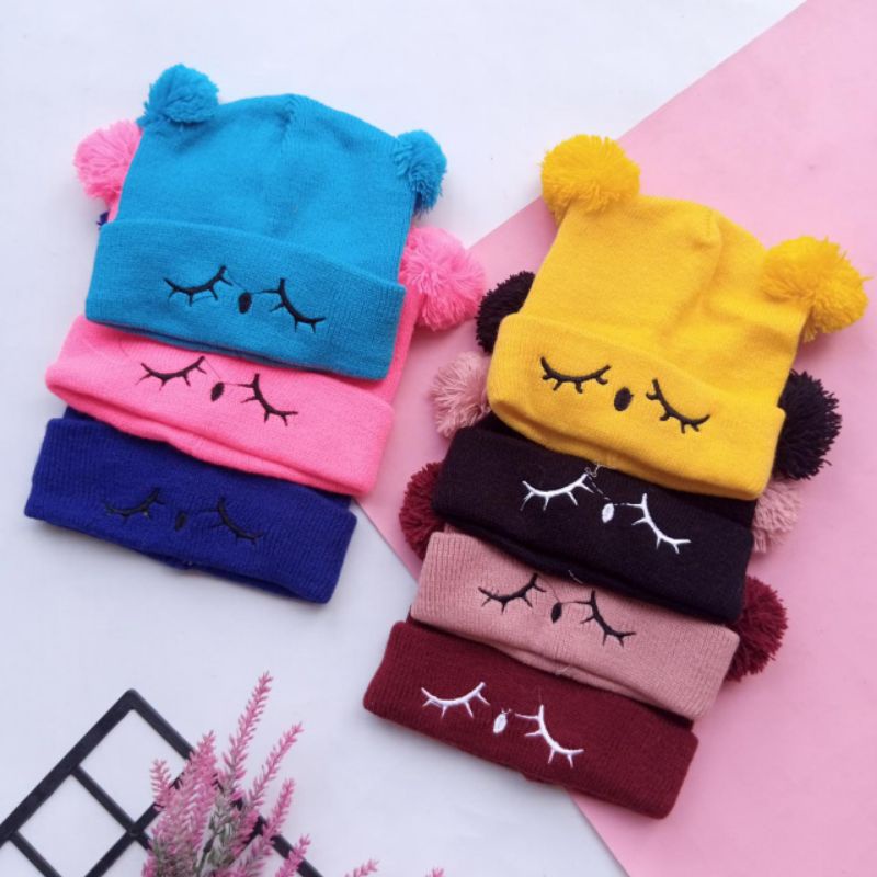 Ciput Kupluk Rajut Bayi Pom Pom Motif Kedip Newborn/Topi Bayi Laki-laki Perempuan/Topi Kupluk Rajut