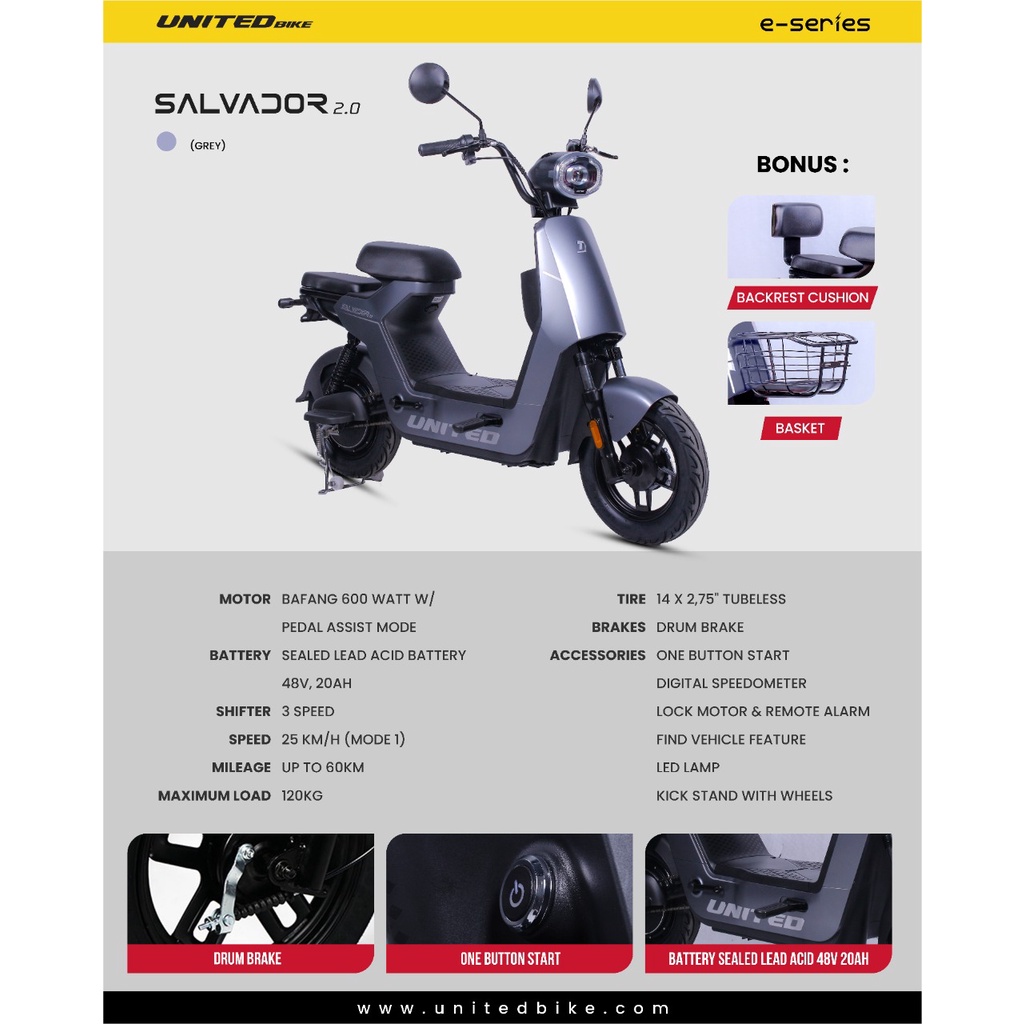 SEPEDA LISTRIK E BIKE E MOPED UNITED SALVADOR 2.0 dan SE GARANSI RESMI + BONUS