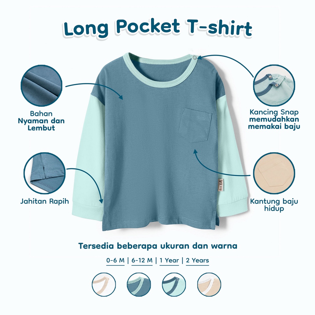 Nice Kids - Long Pocket T-Shirt Unisex (Atasan Kaos Oversized Lengan Panjang Anak Bayi 6-12 Bulan - 3 Tahun)