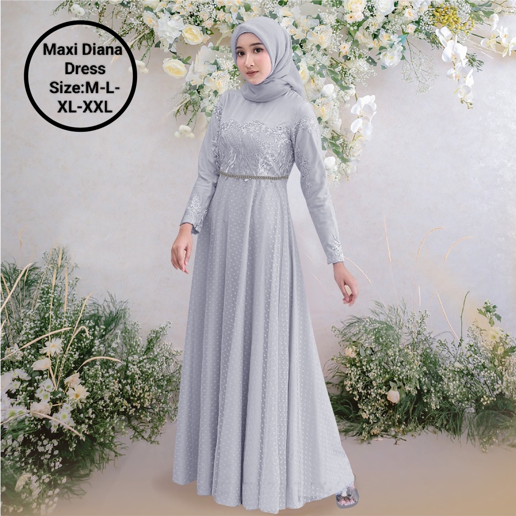 Pakaian Gamis Wanita Busui Model Terbaru Kekinian/Maxi Diana Dress 4 Size M-L-XL-XXL Matt Moscrepe Mix Brokat Mutiara Dan Tille Onde/Dress Kondangan/Dress Elegant