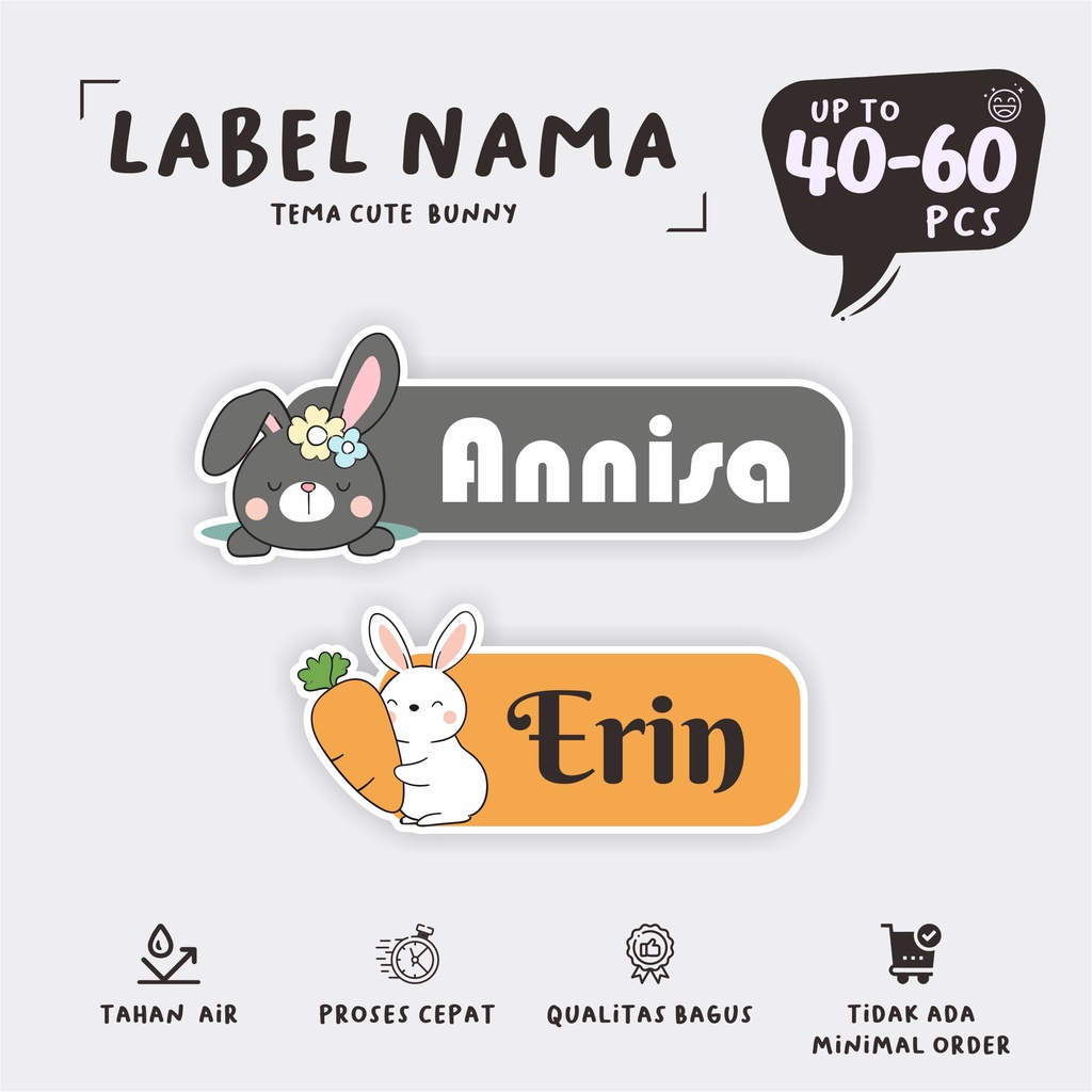 

(40 - 60 pcs) murah cetak stiker nama/tema CUTE BUNNY/label nama anti air