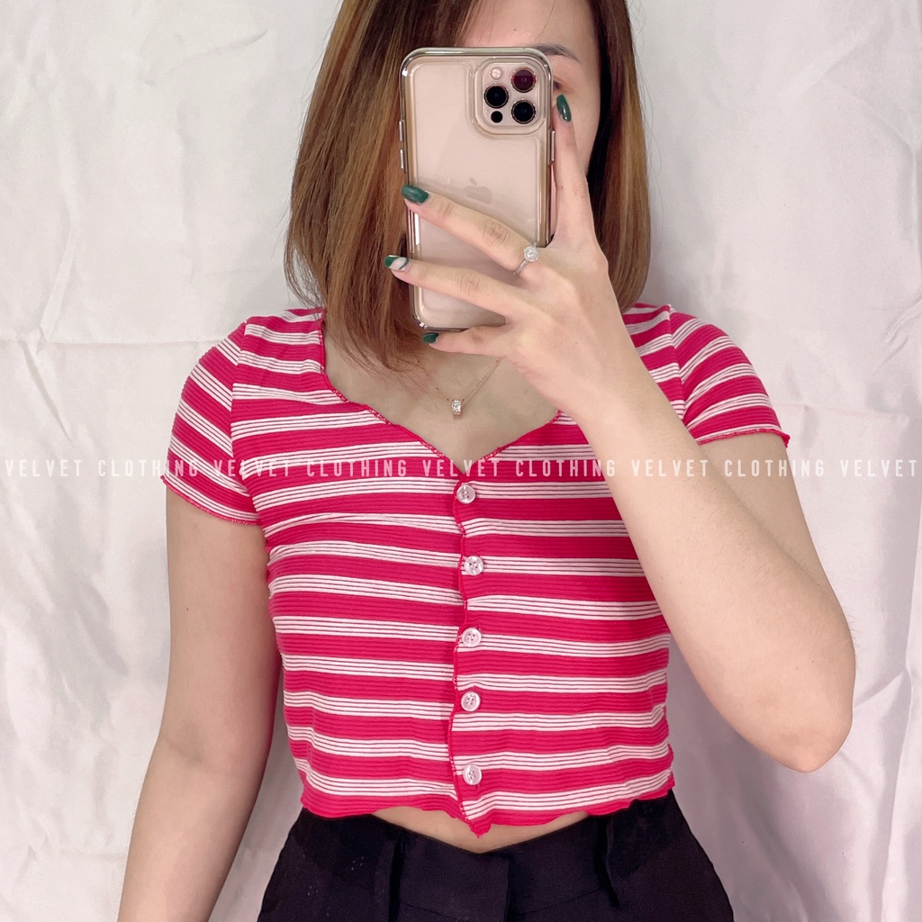 Crop Top Salur kancing wanita / Blouse button knit / Croptop salur Vneck 3629 SALUR