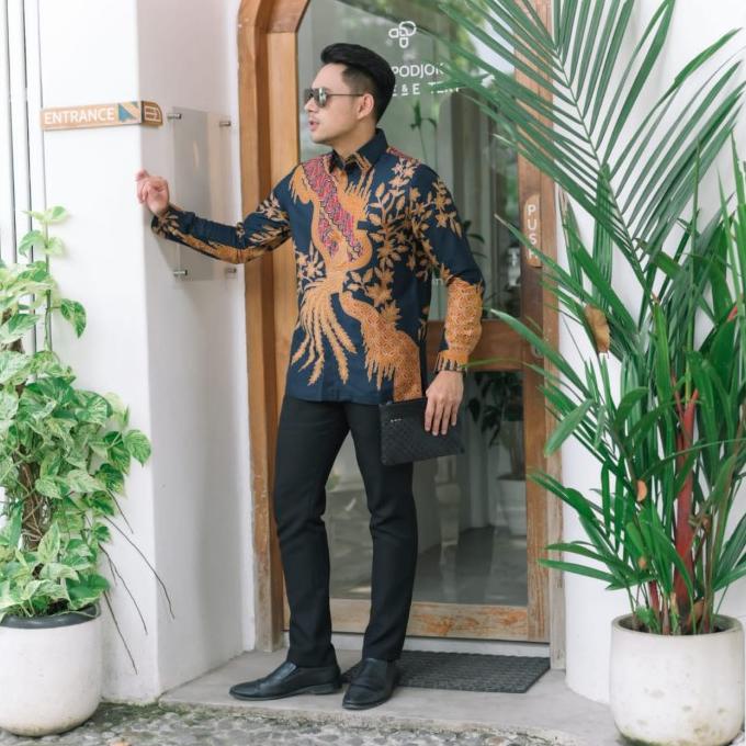 batik pria lengan panjang dobi lasem premium furing motif navy gold