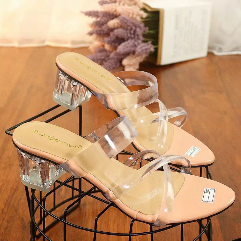 Sandal Heels Wanita Hak Kaca 5 cm Tali Jelly Silang AM-10