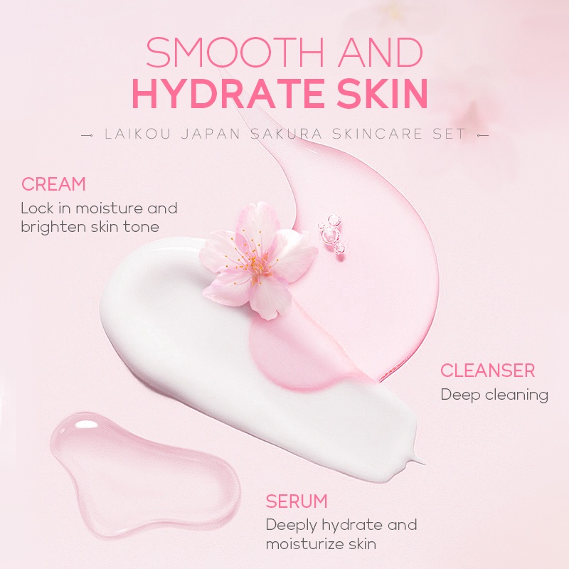 LAIKOU Sakura 4pcs Skin Care Gift Box Mencerahkan Noda Serum Pelembab Memudar Lingkaran Hitam Krim Mata