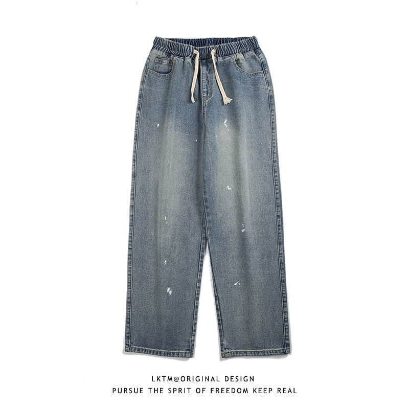 Celana Pria Serut Splash-Tinta Pelangsing Pemuda Lebar Kaki Celana 2022   Pinggang Elastis cuci Deni