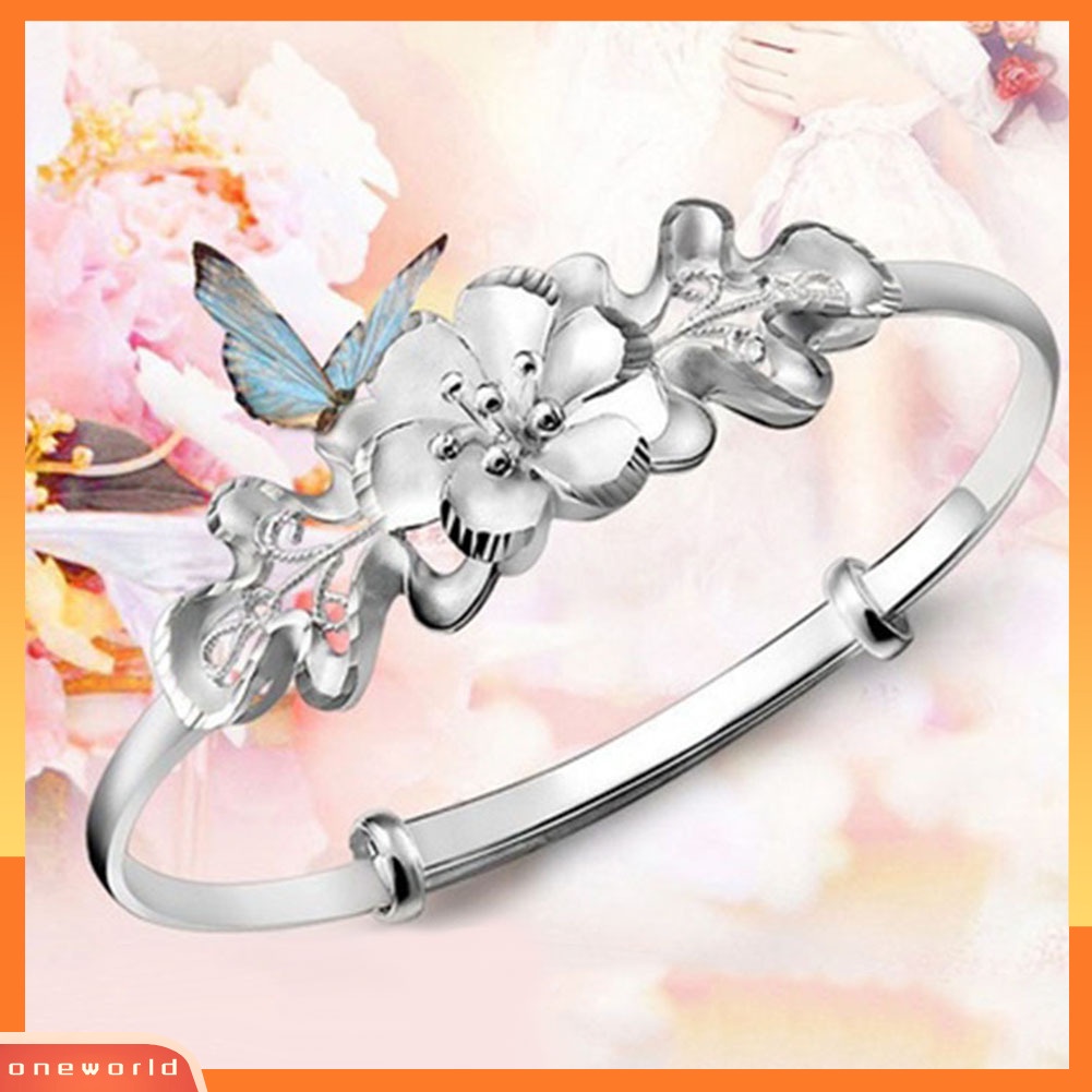 {oneworld} Fashion Bunga Adjustable Cuff Bangle Woman Perak Disepuh Gelang Tangan Perhiasan