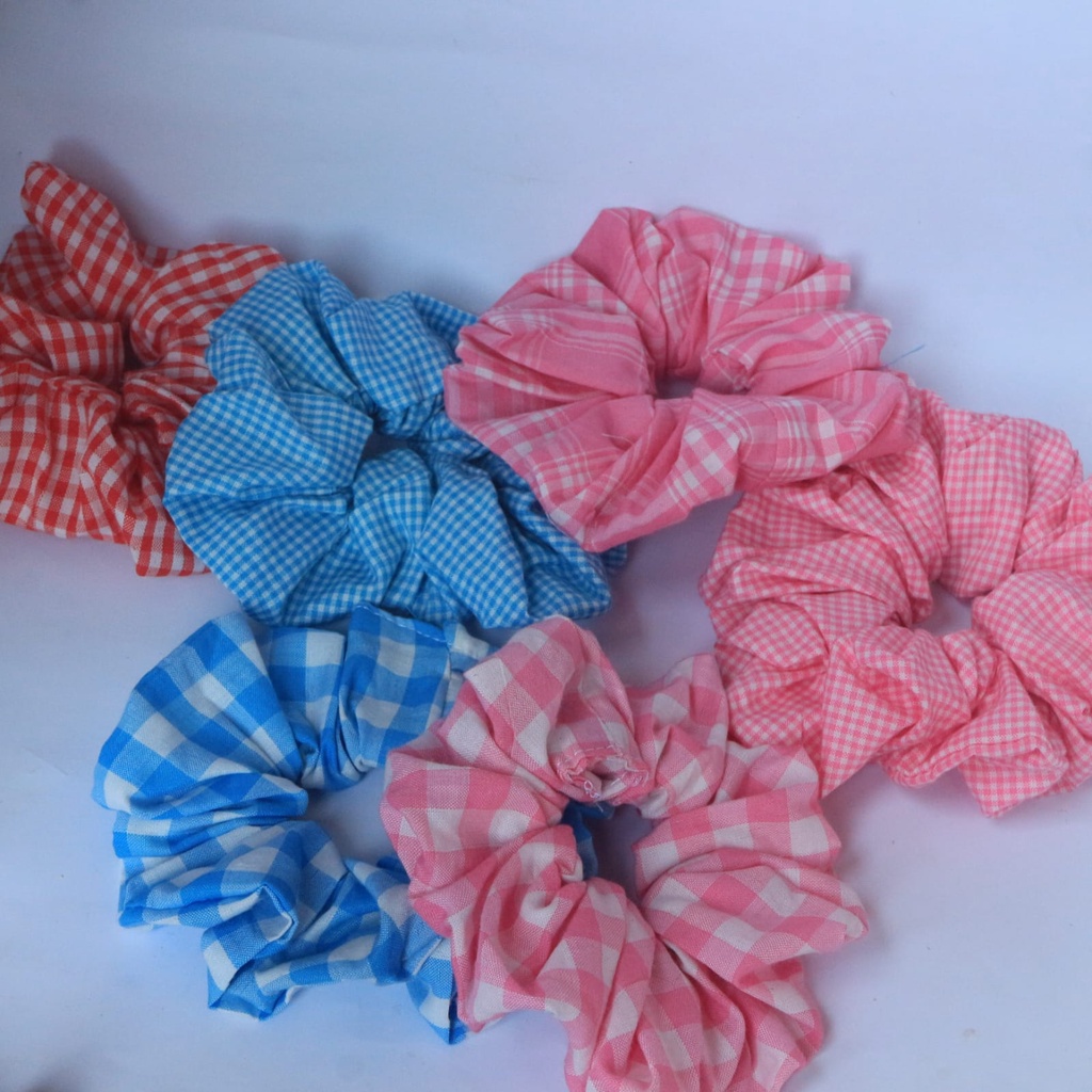 (1PCS) Ikat Rambut Wanita Scrunchie Kunciran Ikat Rambut Cepol Hijab Elastis Motif Kotak-Kotak