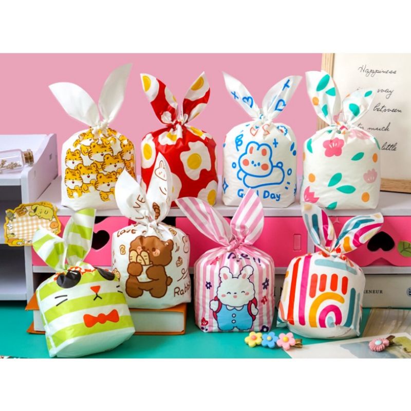 

Kantong plastik biskuit kue permen telinga kelinci tema netral / cookies bag bunny ear candy /tas souvenir hampers lucu cute aneka macam motif