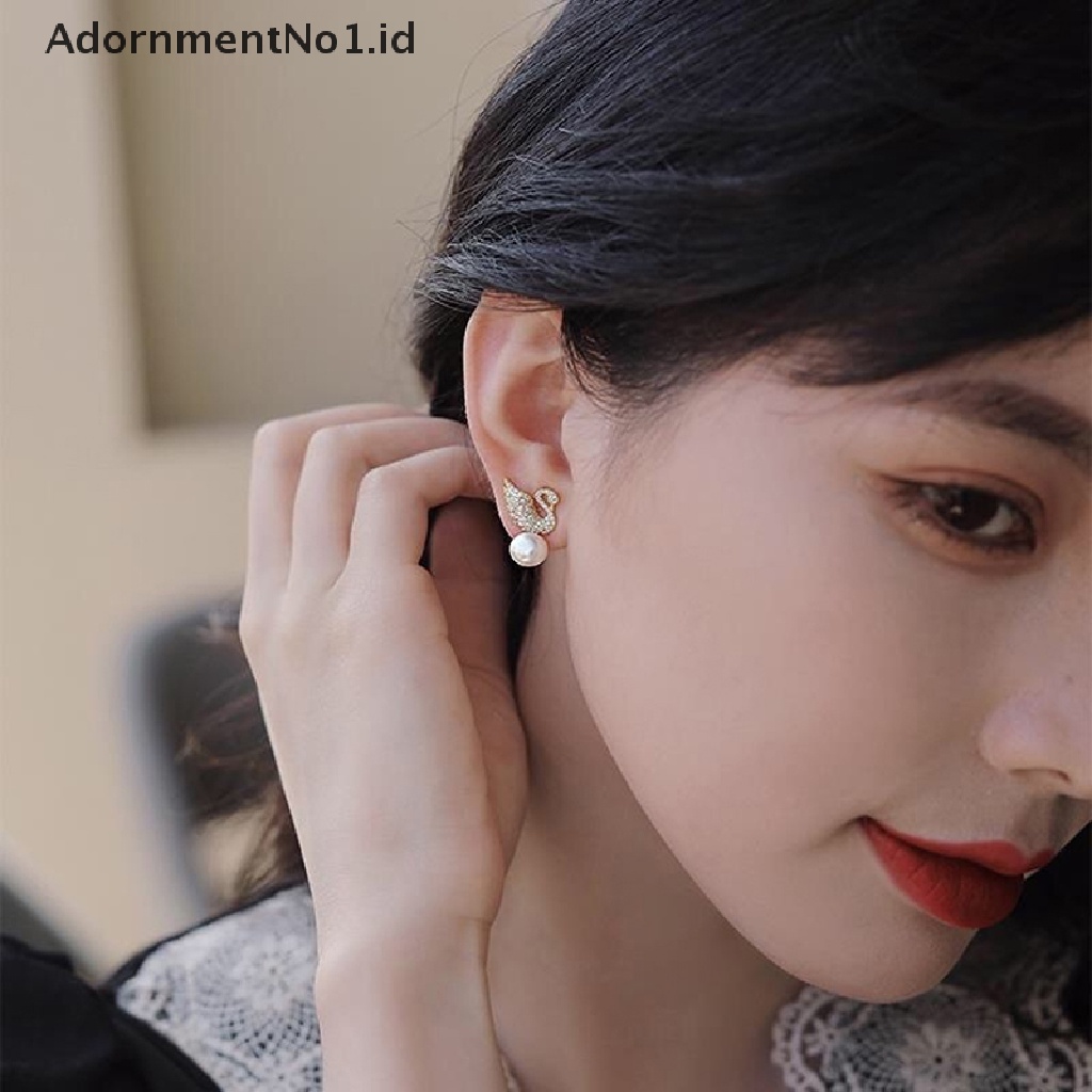 [AdornmentNo1] 1pasang Mutiara Imitasi Swan Berlian Imitasi Ear Studs Perhiasan Wanita Anting Fashion Aksesoris Pesta Hadiah [ID]