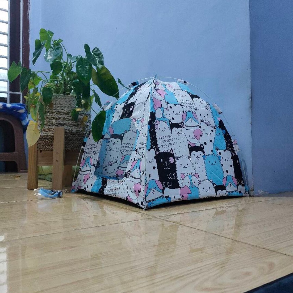 Tenda Kucing Besar Jumbo Lipat Motif Kucing Include Bantal Tempat Tidur Rumah Furniture Hewan FEFARM