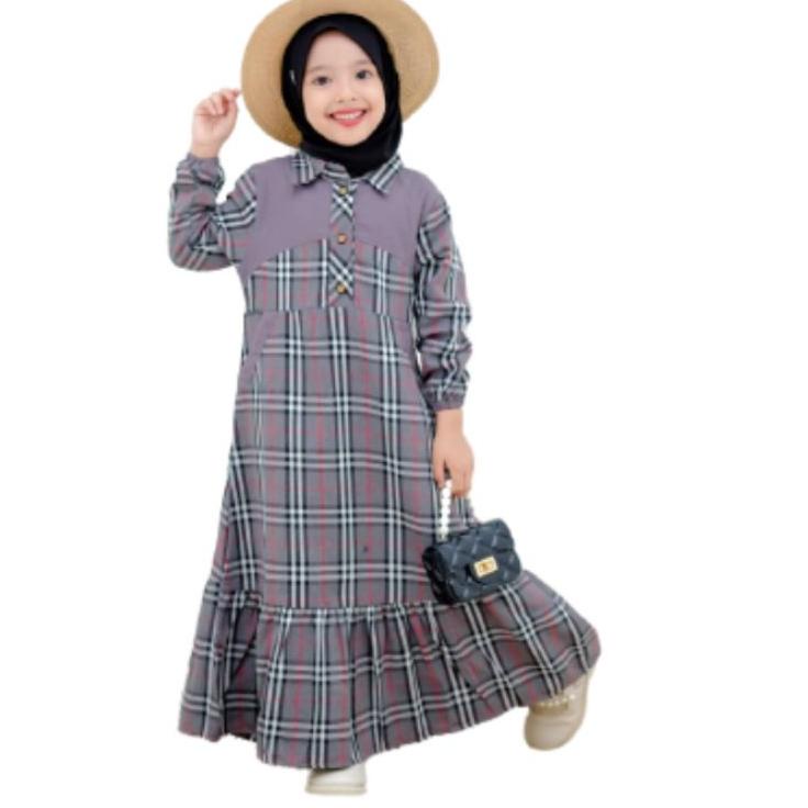 MODERNF❋ Zaja - Busana Muslim Anak Perempuan Motif Kotak-kotak Kombinasi Polos Untuk Anak 4-12 Tahun / Baju Gamis Anak-anak Terbaru &amp; Lucu / Fashion Muslim Anak-anak / Gamis Flanel Terbaru 362: