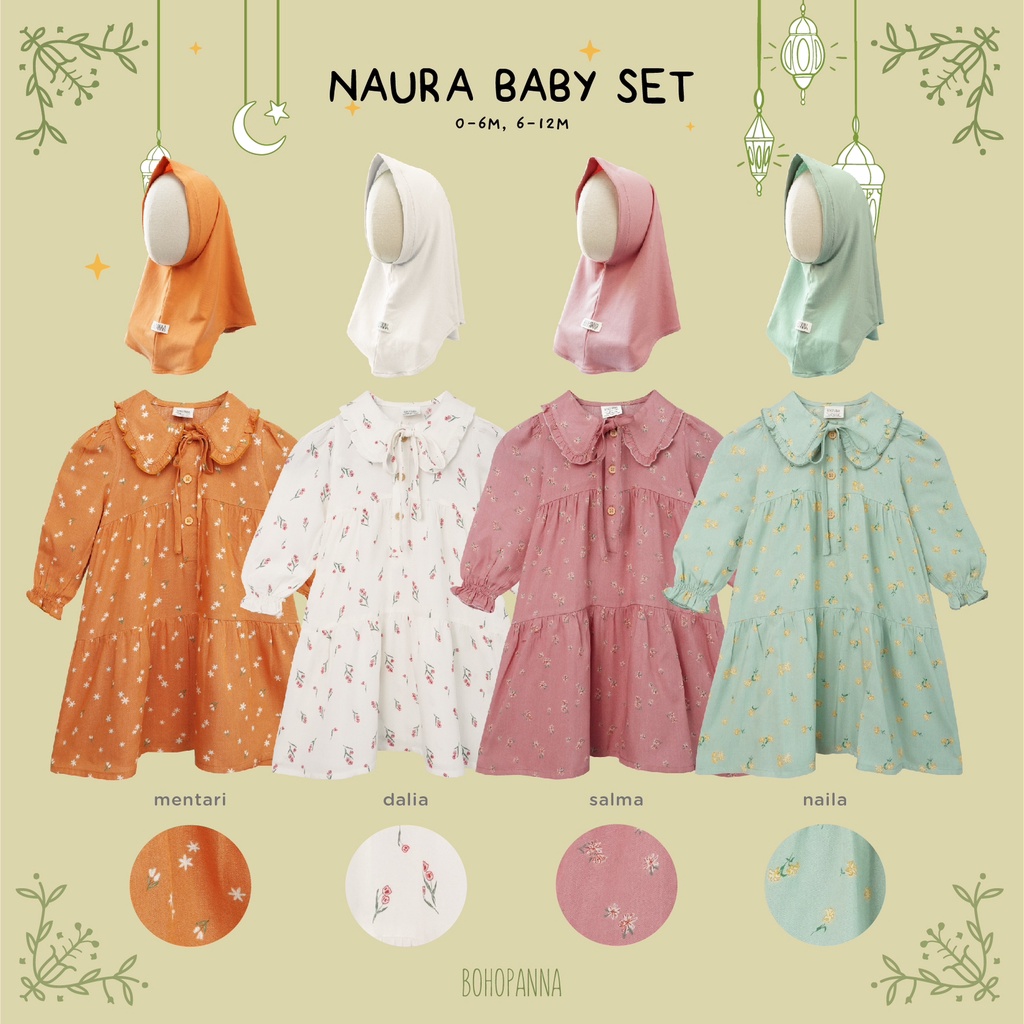 Bohopanna Naura Gamis Set 0-10 Tahun Set Gamis + Hijab Lebaran Anak Dan Bayi / Gamis Raya Anak Perempuan / Pakaian Muslim Anak