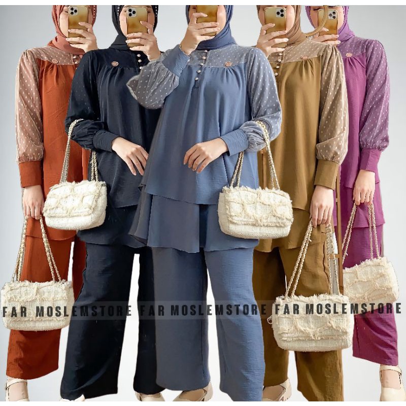 HANNA SET CRINKLE AIRFLOW MIX TILEDOT/SETELAN WANITA MUSLIM TERBARU/SET CELANA + ATASAN KEKINIAN/FAR MOSLEMSTORE