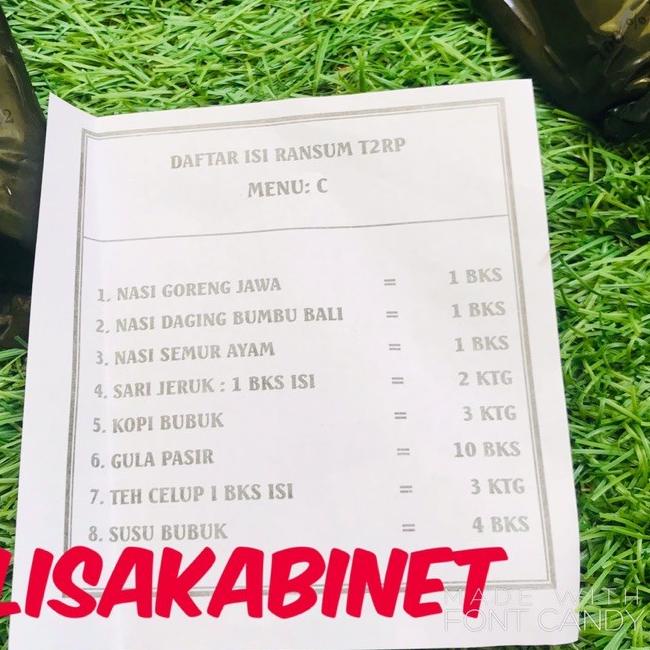 

Diskon⭐✔️Ransum TNI T2RP (Ecer 1 Nasi) Bonus Minuman Sachet Jatah TNI Exp 30 Nov 2023