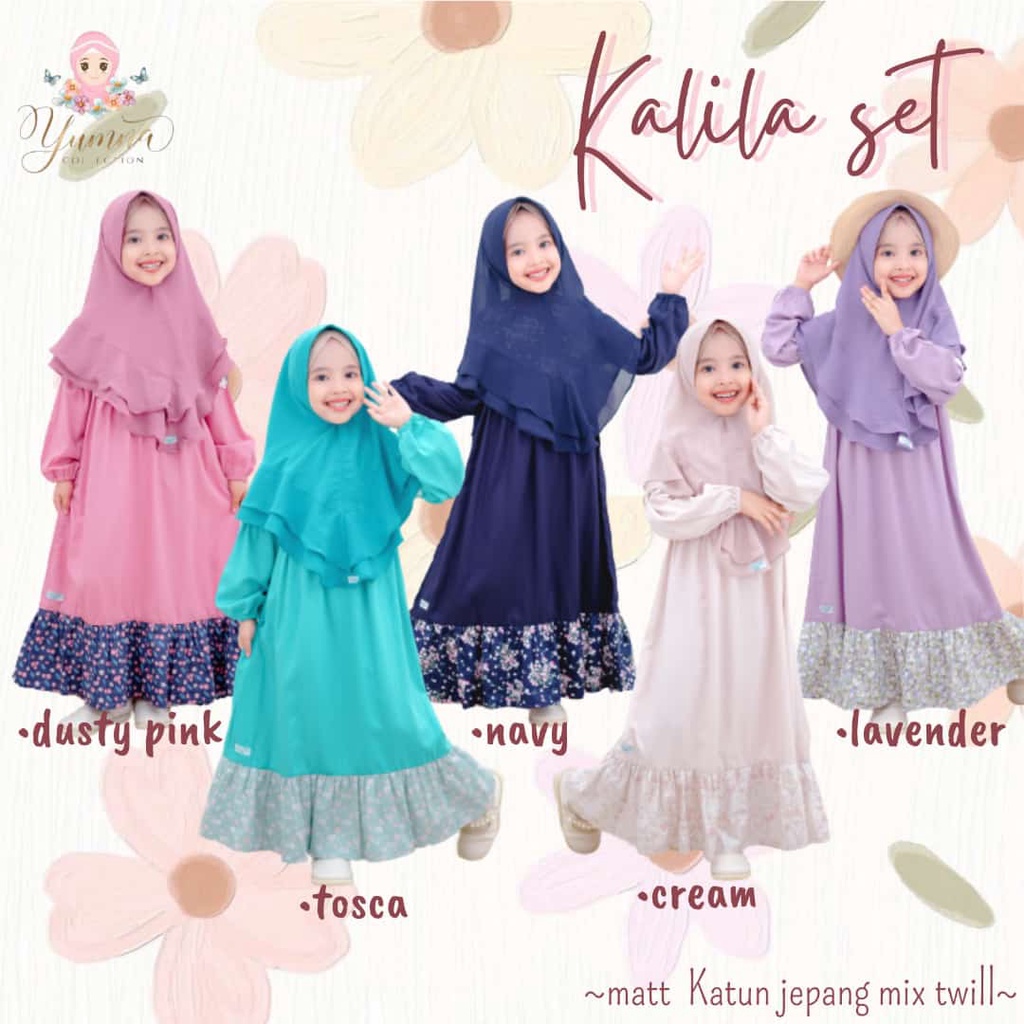 set gamis kalila anak lebaran hijab aplikasi renda kaleela kalila katun jepang motif polos 3-10 tahu