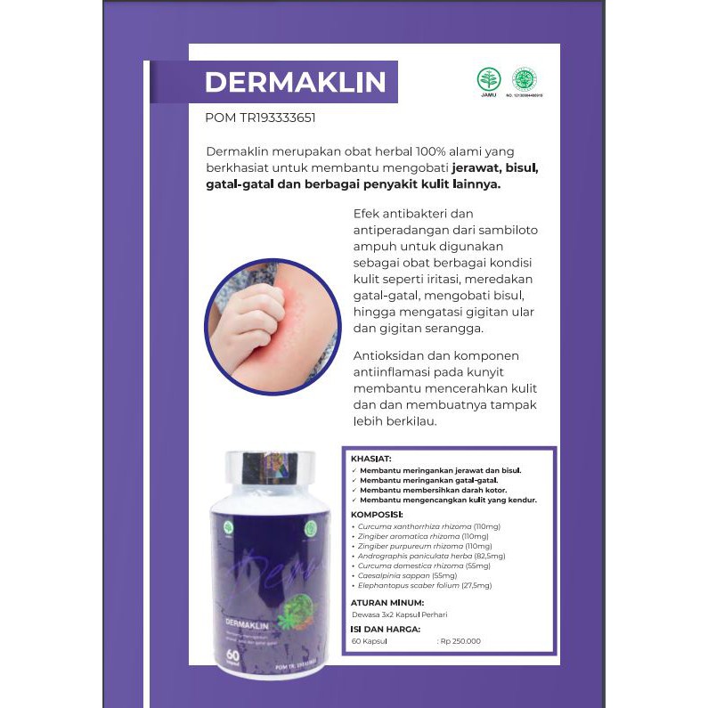 DERMAKLIN Obat Herbal Alami Mengatasi Jerawat dan Penyakit Kulit, Gatal, Ruam, iritasi Paling Ampuh - isi (60 Kapsul BPOM)