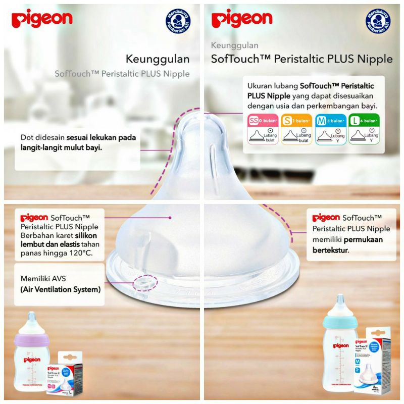 (3 Pcs) Pigeon Nipple Wide Neck Peristaltic Plus Soft Touch S, M, L Blister | Nipple Pigeon Wide Neck