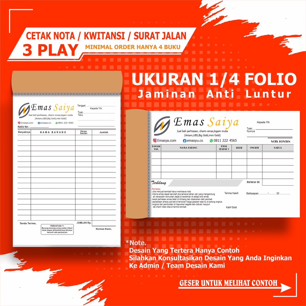 

CETAK NOTA CUSTOM 3 PLY 1/4 FOLIO / KWITANSI / SURAT JALAN CUSTOM 3 PLAY ( BEBAS DESAIN )