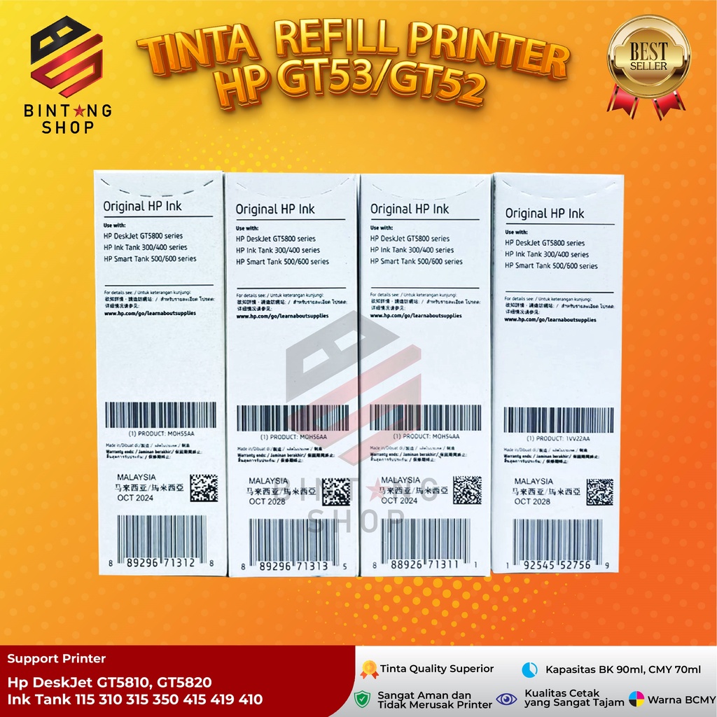 1 SET 4 PCS Tinta HP GT53 GT52 Tipe Printer GT5810 GT5820 Kemasan Baru