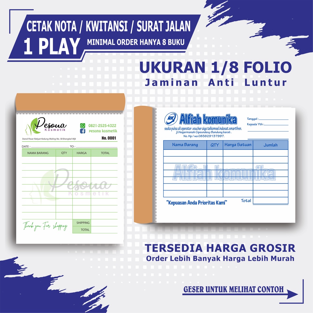 

Nota custom kwitansi 1 ply 1/8 folio buku nota penjualan surat jalan invoice kwitansi tanda terima