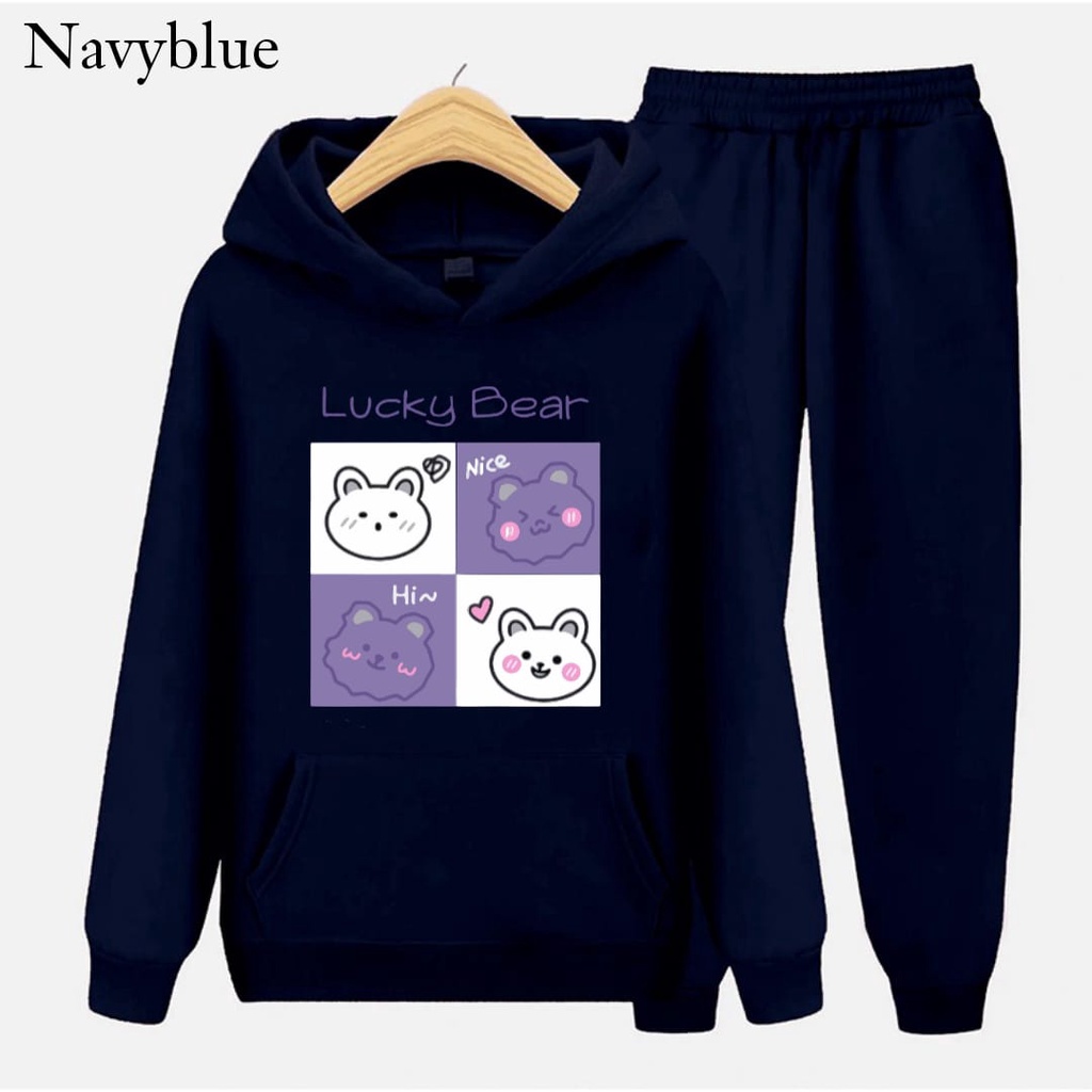 Hzl_outfit SETELAN HOODIE SWEATER LUCKY BEAR ANAK S.M.XL