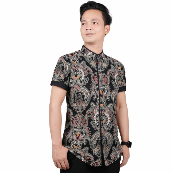 BATIK SHANGHAI PRIA LENGAN PENDEK | KEMEJA BATIK PRIA SLIM FIT HITAM | BATIK PRIA KATUN PREMIUM