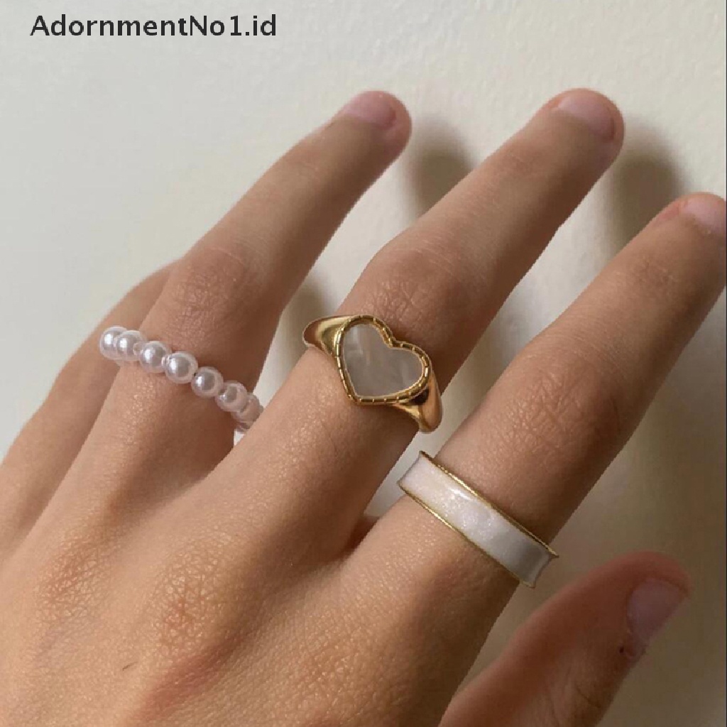 [AdornmentNo1] 3pcs/set Enamel Jantung Cincin Korea Fashion Mutiara Cincin Untuk Wanita Geometris Tidak Teratur Bentuk Rantai Pembukaan Cincin Set Buku Jari Perhiasan [ID]